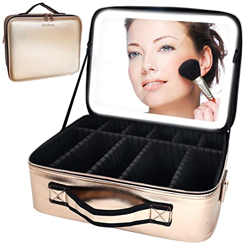 Travel Makeup Case with Removable Large Mirror and Lights 3 Color Adjustable Brightness Dividers with Shoulder Strap Rechargeable,Waterproof,for Travel or Business, Large