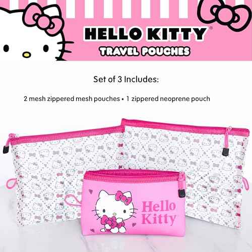 Hello Kitty Travel Pouch 3-Pack Official License, Zipper Pouch Set of 3 in Different Sizes, Makeup Bag