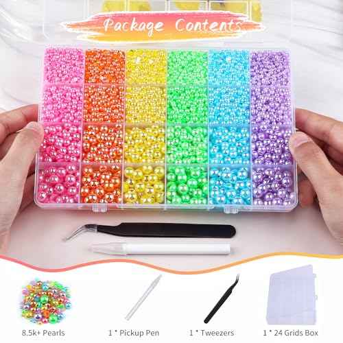 8500PCS Rainbow Flatback Pearls Set, 3/4/6/8mm Pink Purple Blue Half Round Pearls Bedazzling Bead with Tweezer and Pickup Pen for Nail Art Wedding Tumbler DIY Crafts