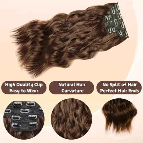 Clip in hair Extension,4Pcs Brown Clip in Synthetic Hair Extensions,22inch Long Wavy Curly Hairpieces Fiber, Chestnut Double Weft Thick and Soft Hair Extensions party daily for women girls