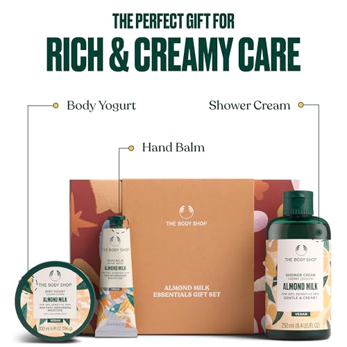 The Body Shop Almond Milk Essentials 3 Piece Set | Shower Cream, Hand Balm, Body Yogurt | for Dry, Sensitive Skin, Vegan