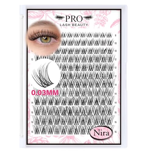 PROLASHBEAUTY Natural Lash Clusters Wispy Lashes Invisible Band Eyelash Clusters CC Curl Individual Lashes Natural Look Lashes Clusters with Super Thin Band Reusable Soft & Comfortable (Nira,8-16mix)