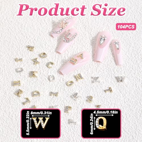 104 Pcs Rhinestone Letters Nail Studs Nail Charms, Letters Nail Rhinestones Decoration Alphabet 3D Nail Charms, Silver Gold Nail Jewels Nail Charms Y2K, Nail Accessories for Nail Art Manicure Supplies