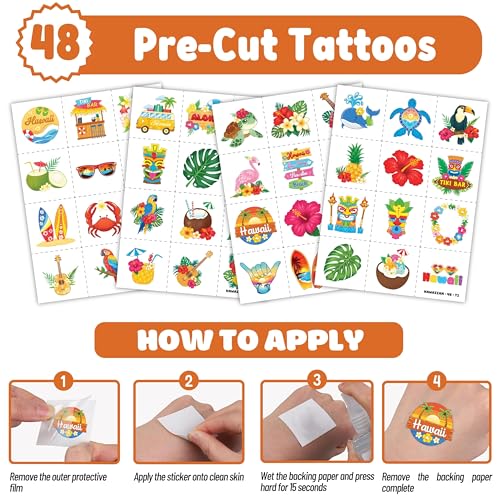 Hawaiian Party Favors Set - 72 Pieces Temporary Tattoos & Slap Bracelets