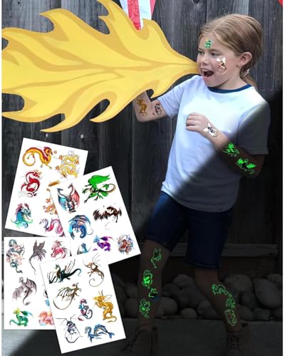 140 Glow-in-Dark Dragon Temporary Tattoos, 35 Designs