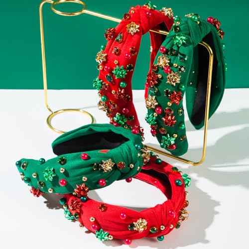 TULOBI Christmas Headband for Women Knotted Headband Xmas Red Green Pearls Rhinestone Crystal Jeweled Hairband with Embellished Crystals and Pearls Designs Holiday Outfits Gifts & Gifts (Green)