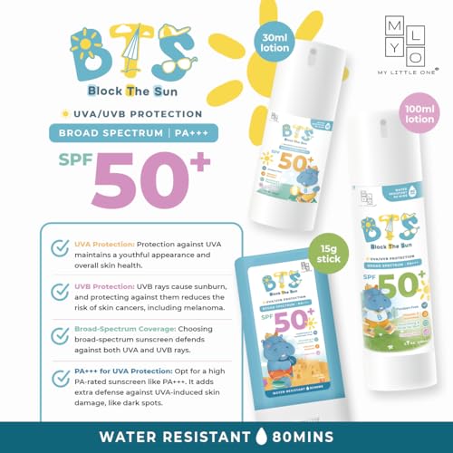 MyLO BTS SPF 50 Sunscreen, Broad-Spectrum UVA UVB Face & Skincare Protection, PA+++, Nourishing Moisturizer For All Baby, Kids & Adult Skin Types, Paraben Free, Water Resistant (15g Stick)