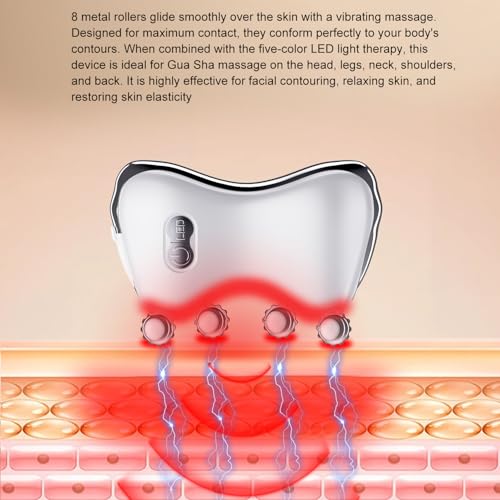 Electric Gua Sha Facial Tools, Heated Gua Sha Tools with 5 LED Lights,Red Light Face Massager Vibration Device, 8 Metal Roller for Face, Back,Leg,and Body