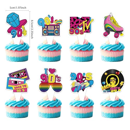 24PCS 90s Cake Toppers, Retro Cupcake Picks Geometric Design