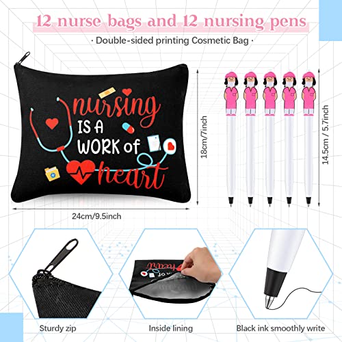 LEIFIDE 24 Pcs Nurse Appreciation Gifts for Women Nurse CNA Week Gift Include 12 Canvas Makeup Cosmetic Bag with Zipper and 12 Ballpoint Pen Accessories for Work Assistant(Adorable Style)