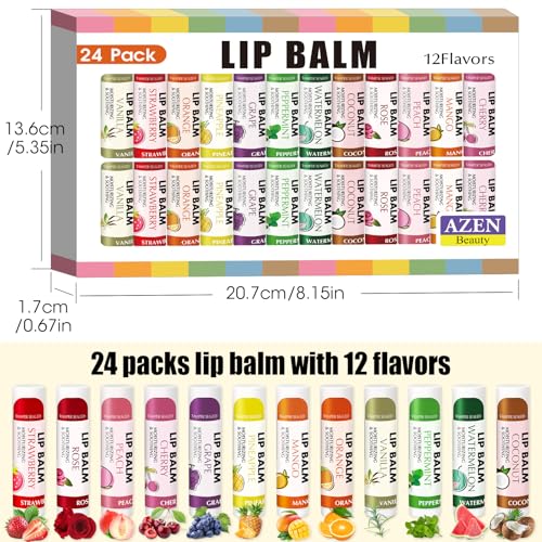 AZEN 24 Pack Lip Balm Stocking, Natural Lip Balm Bulk, Moisturizing Lip Balm for Dry Lips