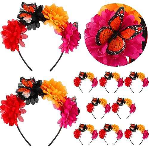 Hotop 10 Pcs Day of the Dead Flower Crown Headband Mexican Headband with Monarch Butterfly for Fiesta Hat Party Supplies