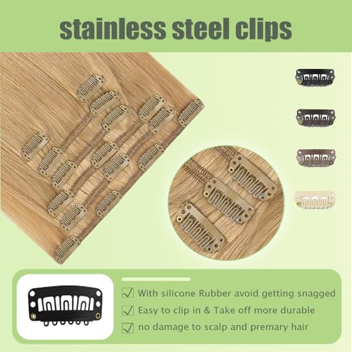 20 Inch #27 Blonde Clip in Hair Extensions - Real Remy Human Hair, 120g 7pcs, Honey Blonde Human Hair Extensions Clip ins for Women