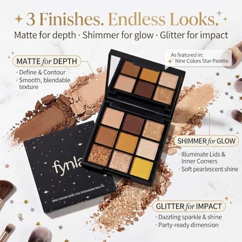 FYNLA Warm Nude 9-Color Eyeshadow Palette - Matte, Shimmer & Glitter Shades for Natural & Glam Looks