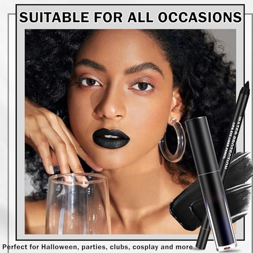 Black Lipstick Black Lip Liner Set Matte Lipstick 2PCS Long Lasting Lip Stain and Lip Liner Set for Halloween Cosplay Goth Makeup