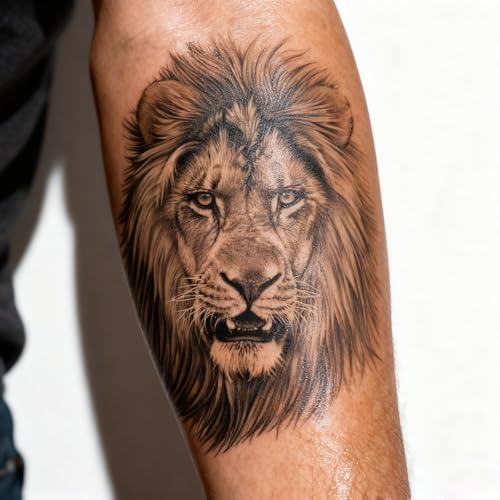 2 Sheets Realistic Animal Temporary Tattoos Stickers Sketch Lifelike Lion Roar Designs For Men Waterproof Arm Leg Fake Body Art, Gym & Parties Bold Masculine Decals