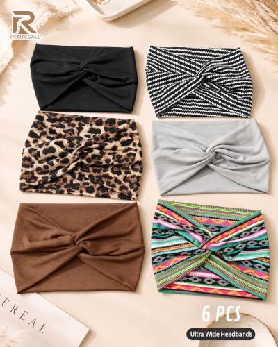 REOTECALL Extra Wide Headbands for Women 6 Pack, Brown, 7.08" Non-Slip Moisture-Wicking Sports Hair Bands