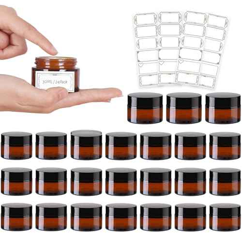 AuroTrends 1 oz Glass Jars with Lids 24Pack- Mini Amber Glass Jar/Cosmetic Containers with UV Protection,Travel Labels (30ml, Set of 24)