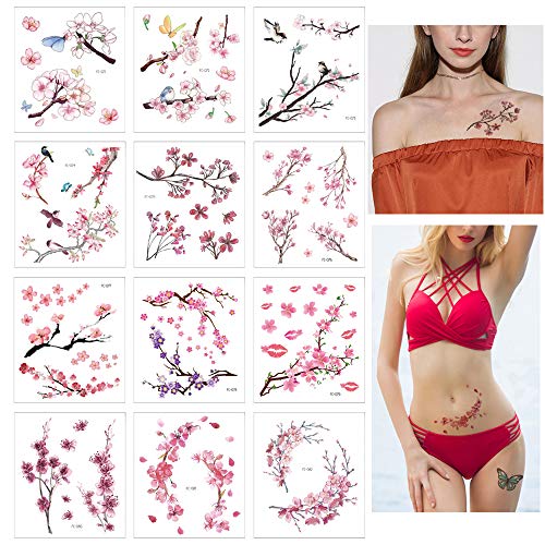 Waterproof Cherry Blossom Temporary Tattoos for Women | 12 Sheets