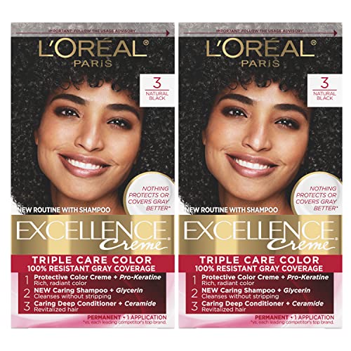 L'Oreal Paris Excellence Creme Permanent Hair Color, 3 Natural Black, 100 percent Gray Coverage Hair Dye, Pack of 2