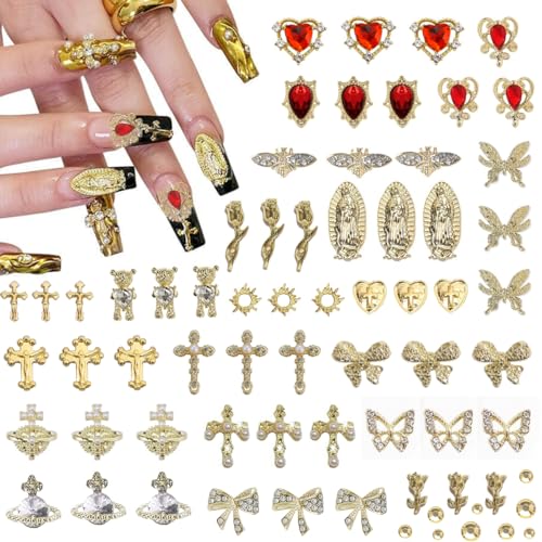 80+ Pcs Golden Nail Charms with Nail Art Rhinestones Gold Cross Virgin Mary and Rose Nail Gems for Acrylic Nails Accessories for Women Nail Decorations Manicure Craft DIY Supplies