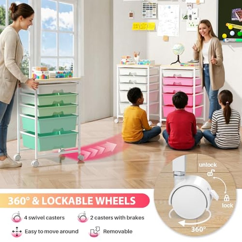Goovilla 5-Tier Rolling Cart with Lockable Drawers & Wooden Top