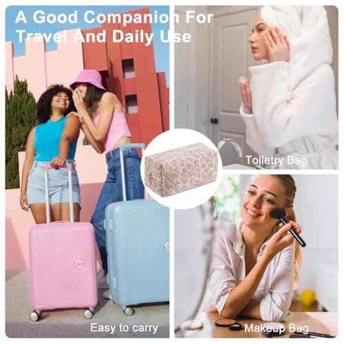 Gleyemor Small Quilted Makeup Bag for Women, Cute Floral Bow Cosmetic Bag, Emergency Bag Travel Toiletry Cotton Pouch Gifts for Girls Her Mom Friend Sister Bridesmaid (Pink Flower)
