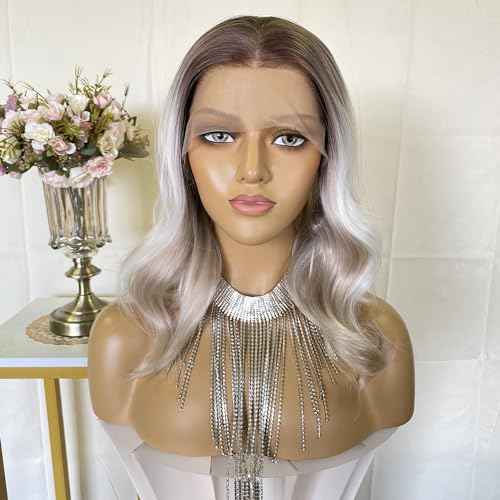 Short Ash Blonde Wigs Highlight Platinum Color Ombre Silver Hair Bob Style 13x4 Lace Front Wig 14Inch Pre Plucked for Women Girls
