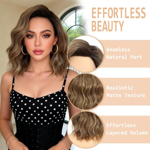 Short Brown Wavy Bob Wig for Women - 14 Inch Lace Front Hair