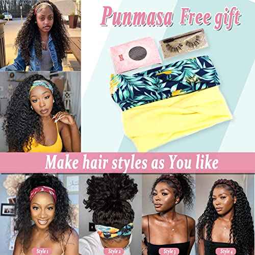 Deep Wave Headband Wig Human Hair 18 Inches Glueless None Lace Front Wigs Machine Made 150% Density Half Wigs Natural Color Human Hair wigs for Women