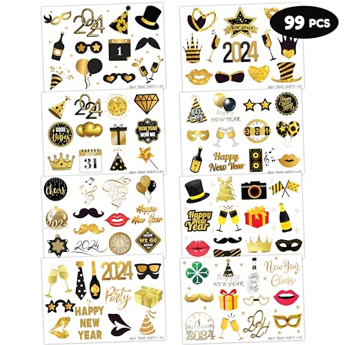 New Year Eve Temporary Tattoos - 8 Sheets, 99 Designs, Party Favors