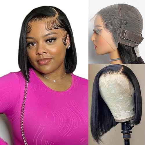 13x4 Bob Wig Human Hair Natural Color Straight Lace Front Wigs Glueless 180 Density Pre Plucked with Baby Hair Brazilian Remy Short Hair Transparent Lace Frontal Wigs for Black Women