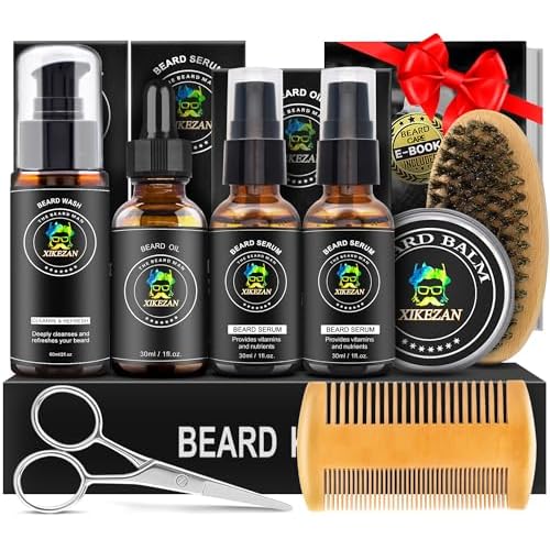 XIKEZAN Beard Kit for Men Grooming & Care Set w/2 Pack Beard Serum, Wash, Oil, Balm, Comb, Brush, Scissor, Bag, EBook, Unique Birthday Gifts for Men Him Dad Husband Brother Christmas Stocking Stuffers