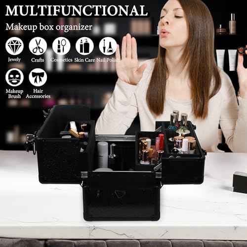 Large Makeup Train Case Cosmetic Organizer Case Makeup Box Portable Make Up Artist Travel Case with 4 Trays with Dividers Lockable Hard Train Case Nail Tech Supply Storage - Starry Black