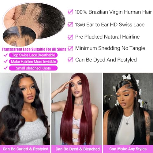 30 Inch Straight Lace Front Human Hair Wig 13x6 HD Swiss Lace Natural Color
