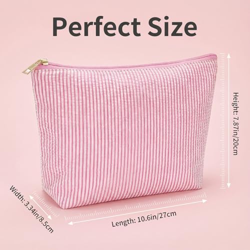 24 PACK Makeup Bags Bulk-Easter Gifts/Seersucker Bulk Cosmetic Bags/Bridesmaid Proposal Gifts/Makeup Pouch for Wedding Party Favors Birthday/Teacher/Mothers Day Gifts/Toiletry Travel Bags(24, Pink)