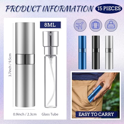 Remerry 15 Pcs 8 ml Perfume Atomizer Refillable Small Perfume Spray Bottle Empty Portable Travel Sprayer with 5 Funnel 5 Pump Transfer Tool(Black, Blue, Silver)