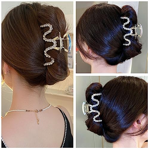 Rhinestone Hair Clips, Textention 3.4 Inch Pearl Claw Clips for Thick Hair, Crystal Metal Hair Jaw Clamps Fashion Hair Accessories for Women Bride Bridesmaid (2 Pack)