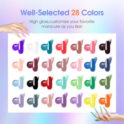 ROSALIND 28 Colors Poly Nail Gel Kit with Mini Lamp Clear Neon Christmas Poly Nail Gel Starter Kit for Beginners Halloween All Seasons Classic Colors with Everything