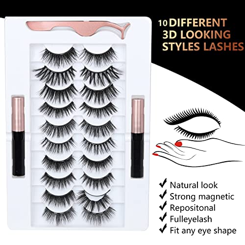 Magnetic Eyelashes Kit with Eyeliner - 10 Pairs, No Glue