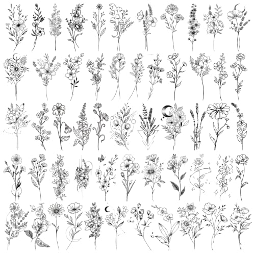 Black Floral Temporary Tattoos - 108 Designs, 30 Sheets