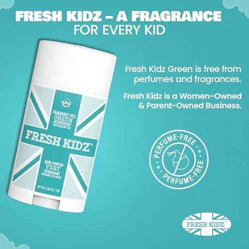 Fresh Kidz Deodorant Stick for Kids and Teens - Baking Soda and Aluminum-free 24 Hour Protection for Sensitive Skin - Unscented "Green", 2.65 oz / 75 g