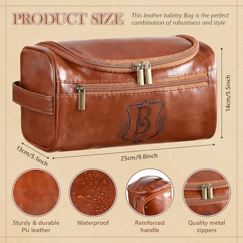 Sadnyy Personalized Leather Toiletry Bag for Men Initial Travel Bag with Hook Monogrammed Toiletry Pouch Leather Travel Bathroom Kit with Side Handle for Him Dad Husband Anniversary Birthday Gifts(B)
