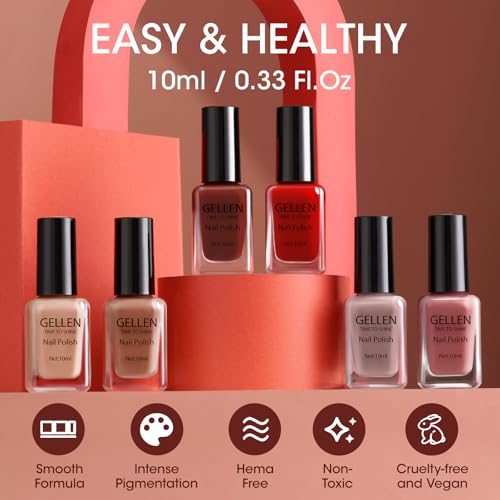GELLEN Neutral-Warm Fall Winter Nail Polish Set - 6 Nude Red Brown Shades, No Lamp Needed, HEMA Free