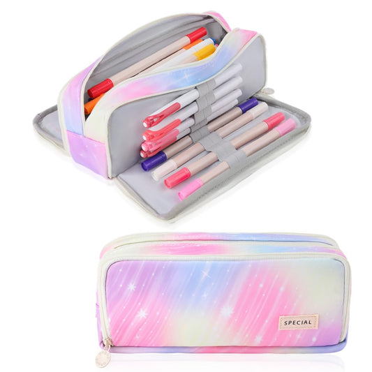 iSuperb Large Pencil Case 3 Compartments Pencil Pouch Big Capacity Pencil Bag Oxford Stationery Storage Pen Bag Cosmetic Makeup Pouch for Women (Dream Pink)