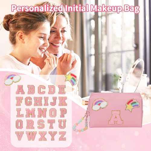 Personalized Initial Makeup Bag, Birthday Gifts for Girls 4 5 6 7 8 9 10 11 12 13 14 15 Years Old, Cute Cosmetic Bag Small Toiletry Bag Travel Make Up Organizer, Gift for Teen Girl Women Friend, Pink