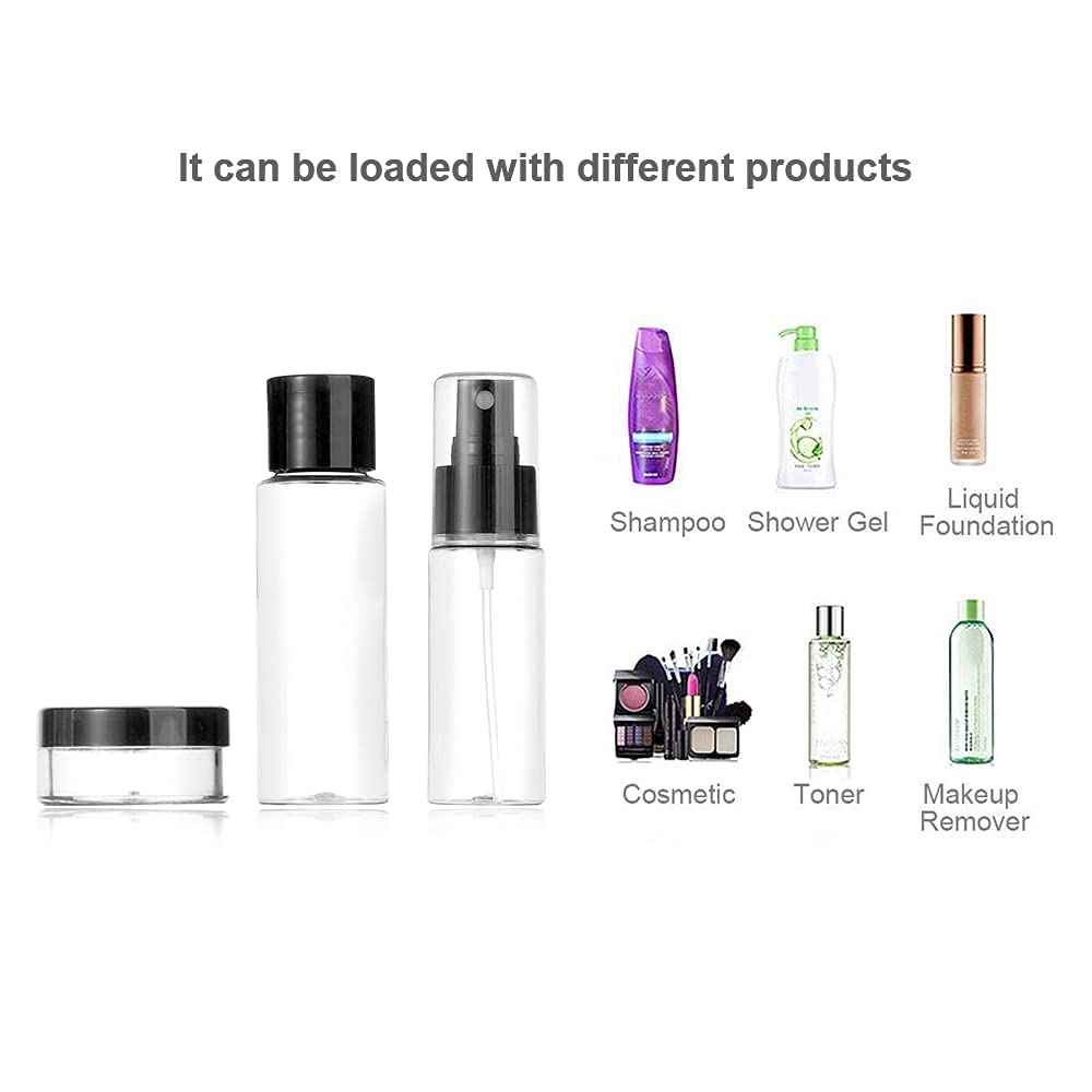 Vitog Travel Bottles Kit, TSA Approved Leak Proof Portable Toiletry Containers Set, Clear flight size PET Cosmetic Containers for Lotion, Shampoo, Cream, Soap, Set of 11 (Black+Plastic)
