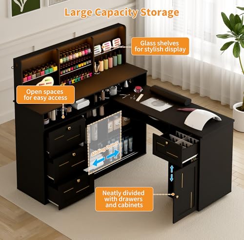 HolaiNail L-Shaped Manicure Table with Dust Collector & App-Controlled LED Light - Black