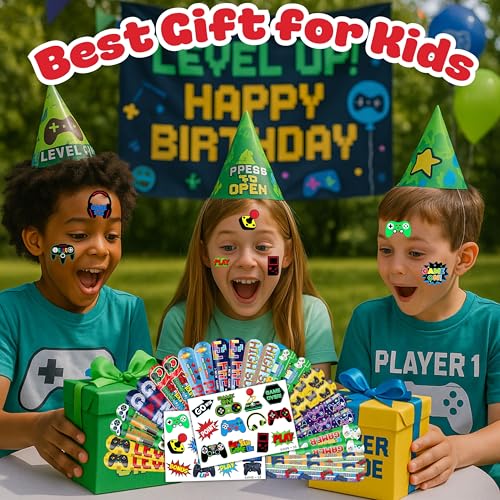 48PCS Video Game Party Set ? 24PCS Temporary Tattoos & 24PCS Slap Bracelets ? Gamer-Themed Birthday Supplies, Baby Shower Gifts, Classroom Rewards & Party Decor for Kids (Boys & Girls)