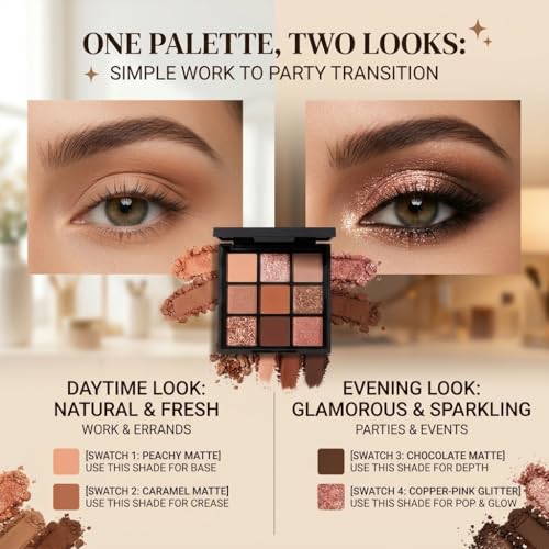 FYNLA Warm Nude 9-Color Eyeshadow Palette - Matte, Shimmer & Glitter Shades for Natural & Glam Looks